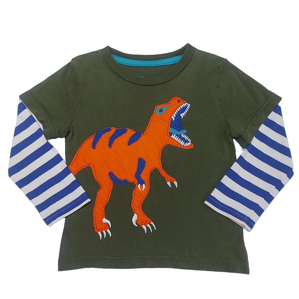 Mini Boden T-Rex appliqué cotton short over long-sleeved t-shirt